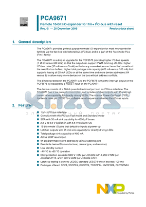 PCA9671 datasheet - Remote 16-bit I/O expander for Fm I2C-bus with reset