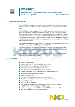 PCA9670 datasheet - Remote 8-bit I/O expander for Fm I2C-bus with reset