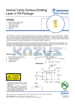 OPV320 datasheet - Vertical Cavity Surface Emitting Laser in Pill Package