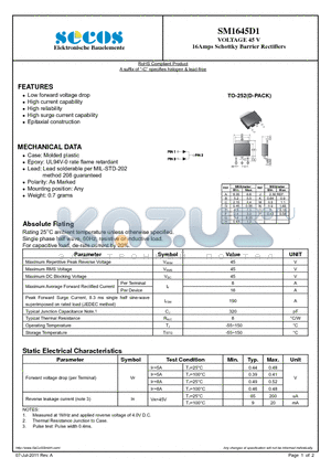 SM1645D1 datasheet - VOLTAGE 45 V 16Amps Schottky Barrier Rectifiers