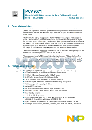 PCA9671 datasheet - Remote 16-bit I/O expander for Fm I2C-bus with reset