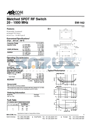 SW-162PIN datasheet - Matched SPDT RF Switch 20 - 1500 MHz