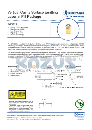 OPV322 datasheet - Vertical Cavity Surface Emitting Laser in Pill Package