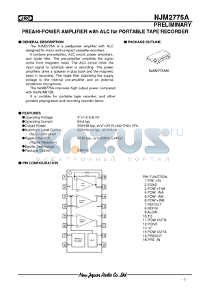 NJM2775A datasheet - PRE&HI-POWER AMPLIFIER with ALC for PORTABLE TAPE RECORDER