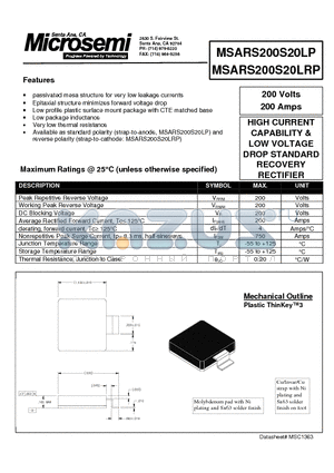 MSARS200S20LP datasheet - HIGH CURRENT CAPABILITY & LOW VOLTAGE DROP STANDARD RECOVERY RECTIFIER