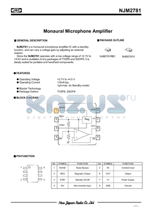 NJM2781 datasheet - Monaural Microphone Amplifier