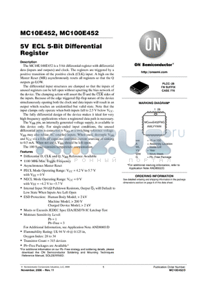 MC100E452FN datasheet - 5V ECL 5-Bit Differential Register