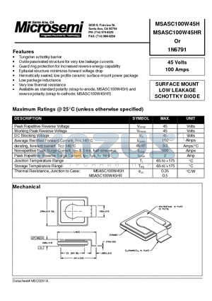 MSASC100W45H datasheet - SURFACE MOUNT LOW LEAKAGE SCHOTTKY DIODE