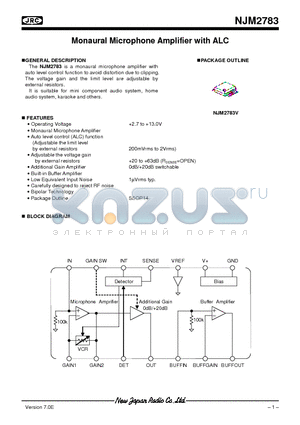 NJM2783V datasheet - Monaural Microphone Amplifier with ALC