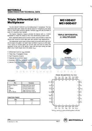 MC100E457 datasheet - TRIPLE DIFFERENTIAL 2:1 MULTIPLEXER