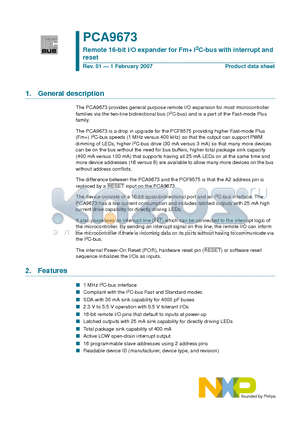 PCA9673 datasheet - Remote 16-bit I/O expander for Fm I2C-bus with interrupt and reset