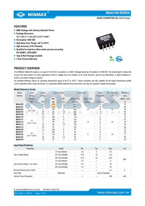 MSAU115 datasheet - DC/DC CONVERTER 1W, SMD Package with Industry Standard Pinout