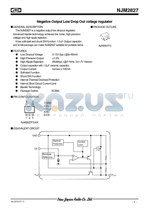 NJM2827 datasheet - Negative Output Low Drop Out voltage regulator