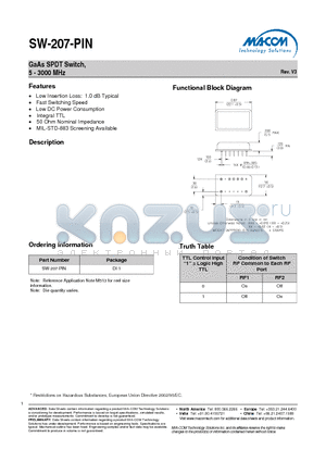 SW-207-PIN datasheet - GaAs SPDT Switch, 5 - 3000 MHz