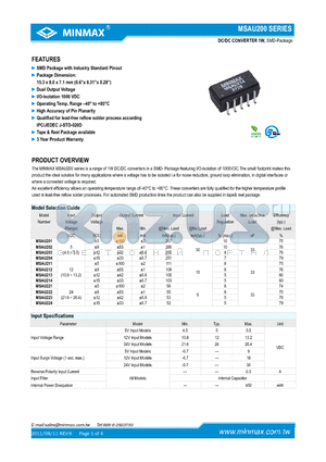 MSAU211 datasheet - DC/DC CONVERTER 1W, SMD Package with Industry Standard Pinout