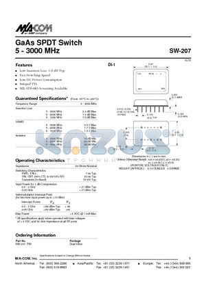 SW-207PIN datasheet - GaAs SPDT Switch 5 - 3000 MHz