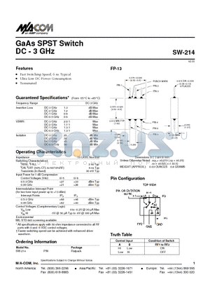 SW-214 datasheet - GaAs SPST Switch DC - 3 GHz