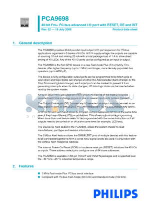 PCA9698 datasheet - 40-bit Fm I2C-bus advanced I/O port with RESET, OE and INT