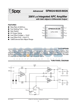 SP8025 datasheet - 200V/us Integrated APC Amplifier with Gain Adjust & Differential Output