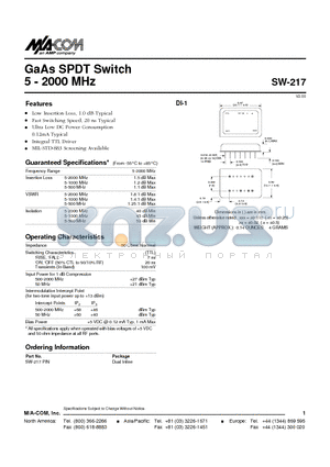 SW-217 datasheet - GaAs SPDT Switch 5 - 2000 MHz