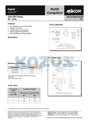 SW-224-PIN datasheet - GaAs SPDT Switch, DC - 2 GHz