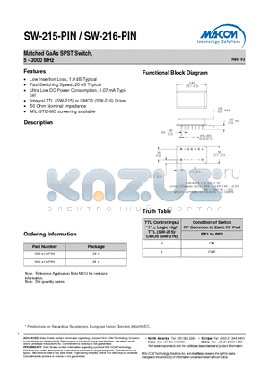 SW-216-PIN datasheet - Matched GaAs SPST Switch, 5 - 3000 MHz