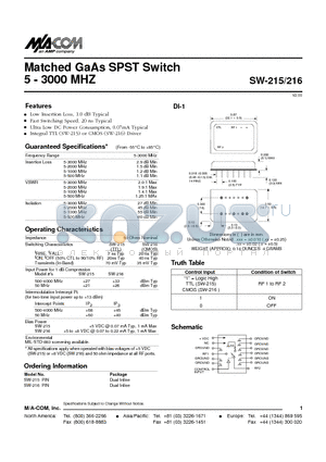 SW-216PIN datasheet - Matched GaAs SPST Switch 5 - 3000 MHZ