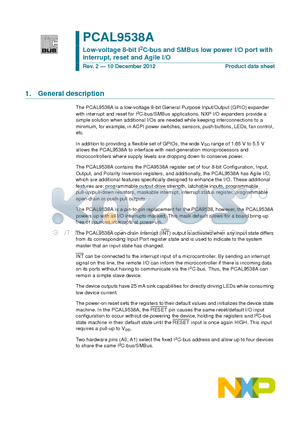 PCAL9538A datasheet - Low-voltage 8-bit I2C-bus and SMBus low power I/O port with interrupt, reset and Agile I/O