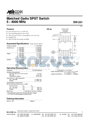 SW-231 datasheet - Matched GaAs SPST Switch 5 - 4000 MHz
