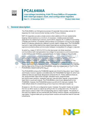 PCAL6408ABS datasheet - Low-voltage translating, 8-bit I2C-bus/SMBus I/O expander with interrupt output, reset, and configuration registers