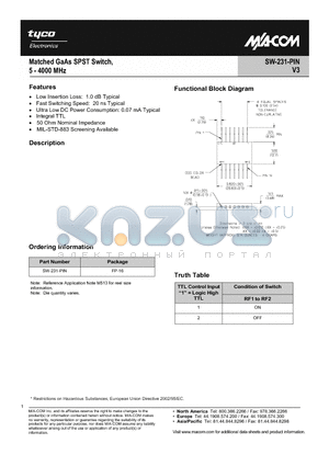 SW-231-PIN datasheet - Matched GaAs SPDT Switch, 5 - 4000 MHz