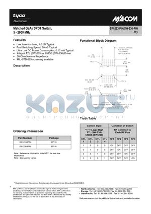 SW-236-PIN datasheet - Matched GaAs SPDT Switch, 5 - 2000 MHz