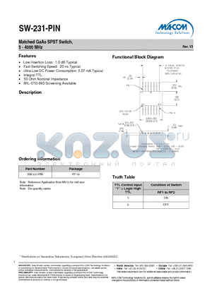 SW-231-PIN datasheet - Matched GaAs SPST Switch, 5 - 4000 MHz