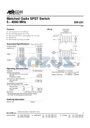 SW-231PIN datasheet - Matched GaAs SPST Switch 5 - 4000 MHz