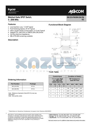 SW-233-PIN datasheet - Matched GaAs SPDT Switch, 5 - 2000 MHz