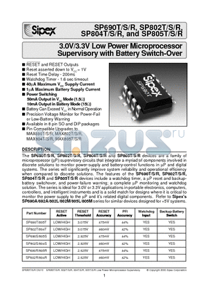 SP802S datasheet - 3.0V/3.3V Low Power Microprocessor Supervisory with Battery Switch-Over
