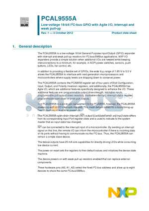 PCAL9555AHF datasheet - Low-voltage 16-bit I2C-bus GPIO with Agile I/O, interrupt and weak pull-up