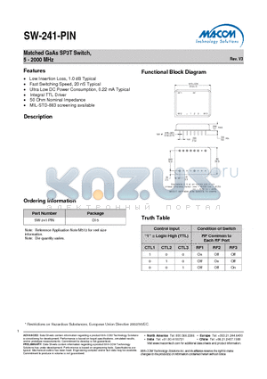 SW-241-PIN datasheet - Matched GaAs SP3T Switch, 5 - 2000 MHz