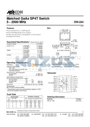 SW-254 datasheet - Matched GaAs SP4T Switch 5 - 2000 MHz