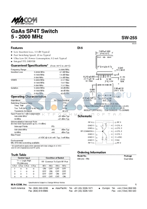 SW-255PIN datasheet - GaAs SP4T Switch 5 - 2000 MHz