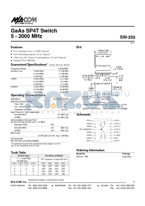 SW-255 datasheet - GaAs SP4T Switch 5 - 2000 MHz