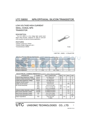 S8050 datasheet - LOW VOLTAGE HIGH CURRENT SMALL SIGNAL NPN TRANSISTOR