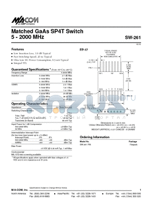 SW-261 datasheet - Matched GaAs SP4T Switch 5 - 2000 MHz