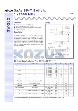 SW-262PIN datasheet - GaAs SP4T Switch, 5 - 2000 MHz