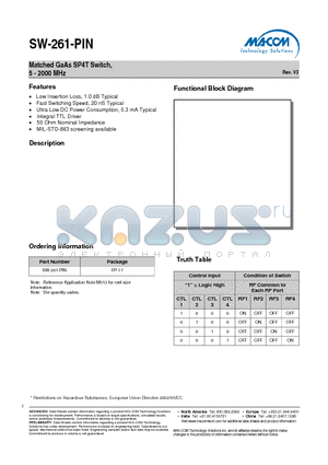 SW-261-PIN datasheet - Matched GaAs SP4T Switch, 5 - 2000 MHz