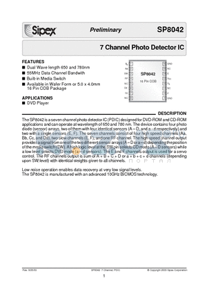 SP8042W datasheet - 7 Channel Photo Detector IC