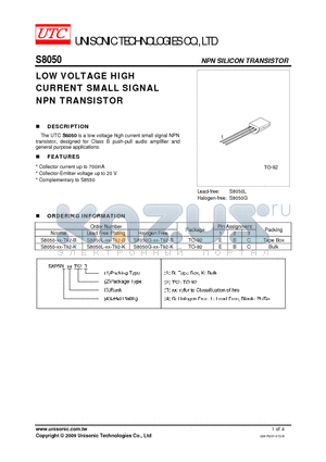 S8050-XX-T92-B datasheet - LOW VOLTAGE HIGH CURRENT SMALL SIGNAL NPN TRANSISTOR