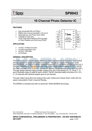SP8043DG1 datasheet - 10 Channel Photo Detector IC