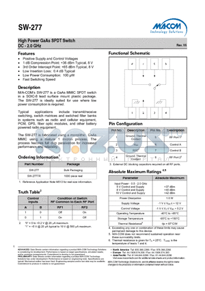 SW-277 datasheet - High Power GaAs SPDT Switch DC - 2.0 GHz