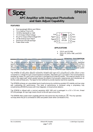 SP8036 datasheet - APC Amplifier with Integrated Photodiode and Gain Adjust Capability